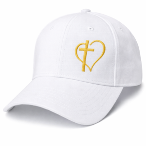 Gorra Cristiana Blanca Bordada con Diseño de Cruz y Corazón