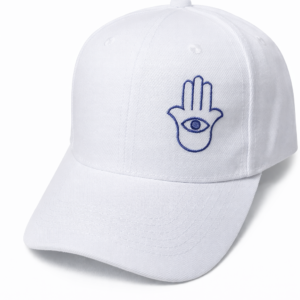 Increíble Gorra Blanca Bordada Mano de Fátima (Hamsa) Azul
